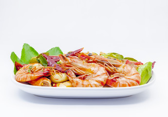 Prawns stir fried with chili and herb.