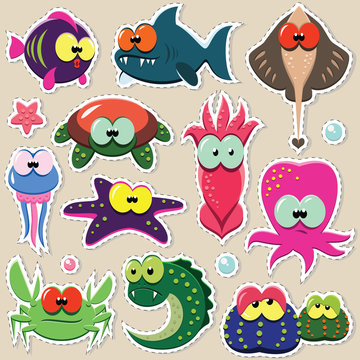 Vector cartoon funny sea animal stickers set