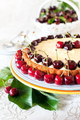 Cake with sweet cherries and custard.