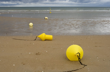 Bouées jaunes sur une plage déserte