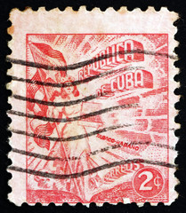 Postage stamp Cuba 1948 Liberty Carrying Flag and Cigars