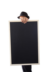 Businessman holding a blackboard.