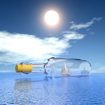 Yacht in the bottle on seascape. Concept - protection of travel.