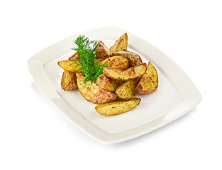 Fried potato wedges isolated on white background