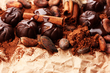 Composition of chocolate sweets, cocoa and spices