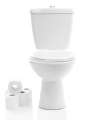 White toilet bowl with toilet paper, isolated on white