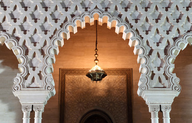 Mausoleum of Mohammed V illuminated at dusk, Rabat Morocco
