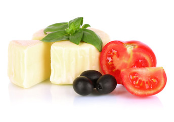 Cheese mozzarella,basil and vegetables isolated on white