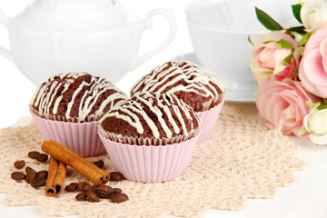 Sweet chocolate cupcakes close up