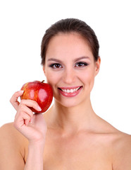 Smiling woman with apple isolated on white