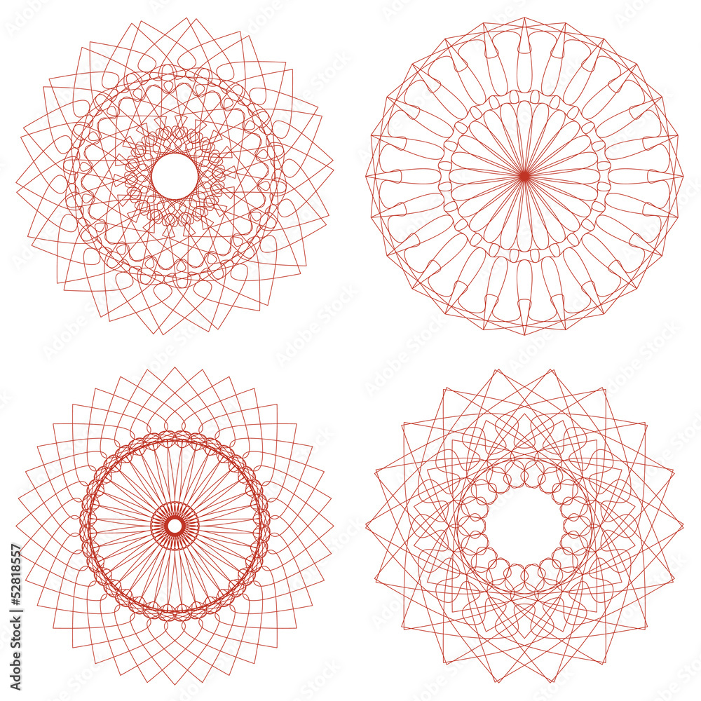 Poster set of red vector guilloche rosettes