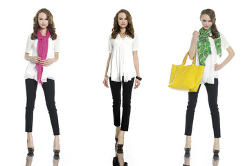 Fototapeta premium three young woman in jeans holding yellow bag posing