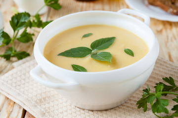pea soup in a white tureen