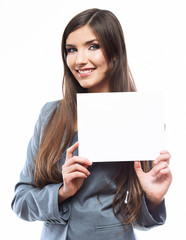 Young smiling business woman hold board, white background  port