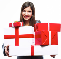 Business woman hold gift box. White background isolated