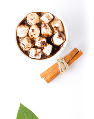 Hot chocolate with mini marshmallow  and cinnamon in a white cup