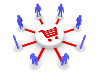 Team shopping. Common source of goods. Concept 3D illustration.