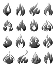 Fire flames, set 3d gray icons