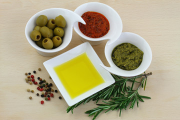 Italian ingredients on wooden board