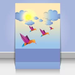 Fototapete Geometrische Tiere Origami-Vögel und Wolken-Vektor-Design-Hintergrund
