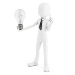 3d man holding a light bulb while thinking
