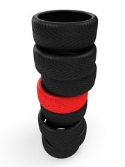 Stack of wheel tires on white.