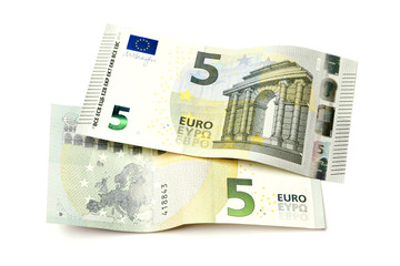 Obraz na płótnie Canvas Dwa nowe pojedyncze rachunki pięć euro