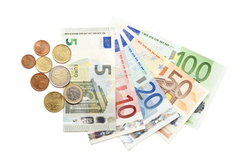 Obraz na płótnie Canvas Monety i banknoty euro, 5 euro nowe