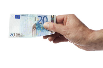 Hand hält Zwanzig Euro Schein, isoliert