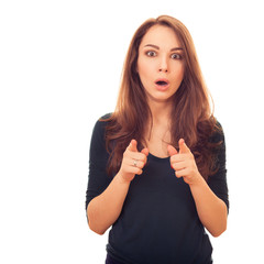 surprised woman shows finger on you