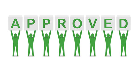 Men holding the word approved. Concept 3D illustration.