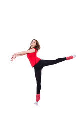 Young gymnast exercising on white