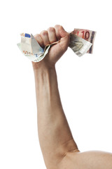 Hand zerdrückt Euro Scheine, isoliert