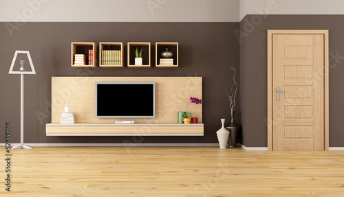 Minimalist Living Room With Cabinet Shelves And Tv