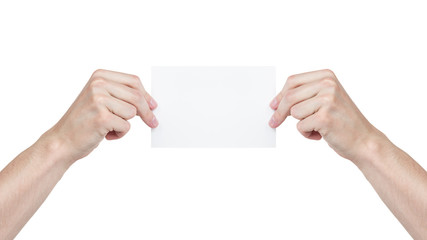 two adult man hands holding blank paper sheet
