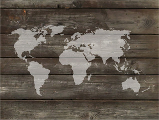 Vector world map with wood background