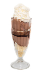 A delicious chocolate ice cream sundae isolated on white