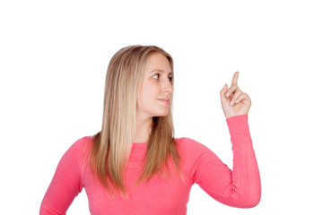 Fototapeta premium Attractive woman indicating something