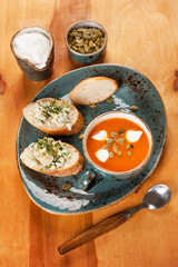 Pumpkin soup with blue cheese and toasted