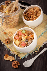 Cereal muesli (granola) with nuts and dried fruits.