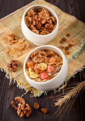 Granola (muesli) with nuts and dried fruits.