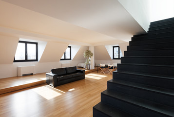 interior, beautiful loft, hardwood floor, view staircase black