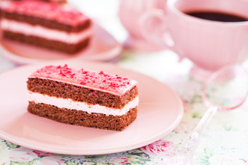 Piece of chocolate raspberry cake, selective focus
