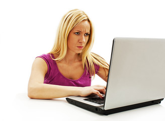 Fototapeta premium Stressful business woman working on laptop