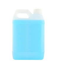 White plastic gallon with blue liquid on white background.