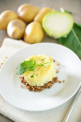 Kartoffelpüree auf KRahmkohlrabi und Sojahack