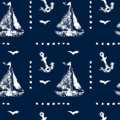 Grunge white print sailboat anchor and seagull on blue pattern
