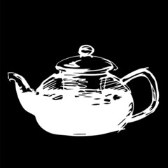 Sketched freehand white tea pot on black background, vector