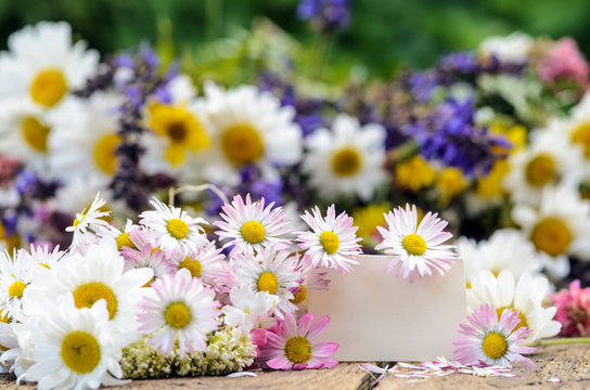 Liebe Grüße: Gutschein mit Gänseblümchen und Wiesenblumen