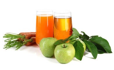 Glasses of juice, apples and carrots, isolated on white